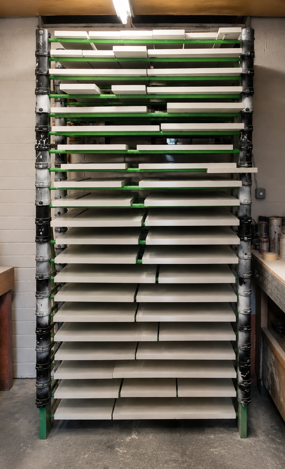 Sprayed kitchen doors drying on professional rack system