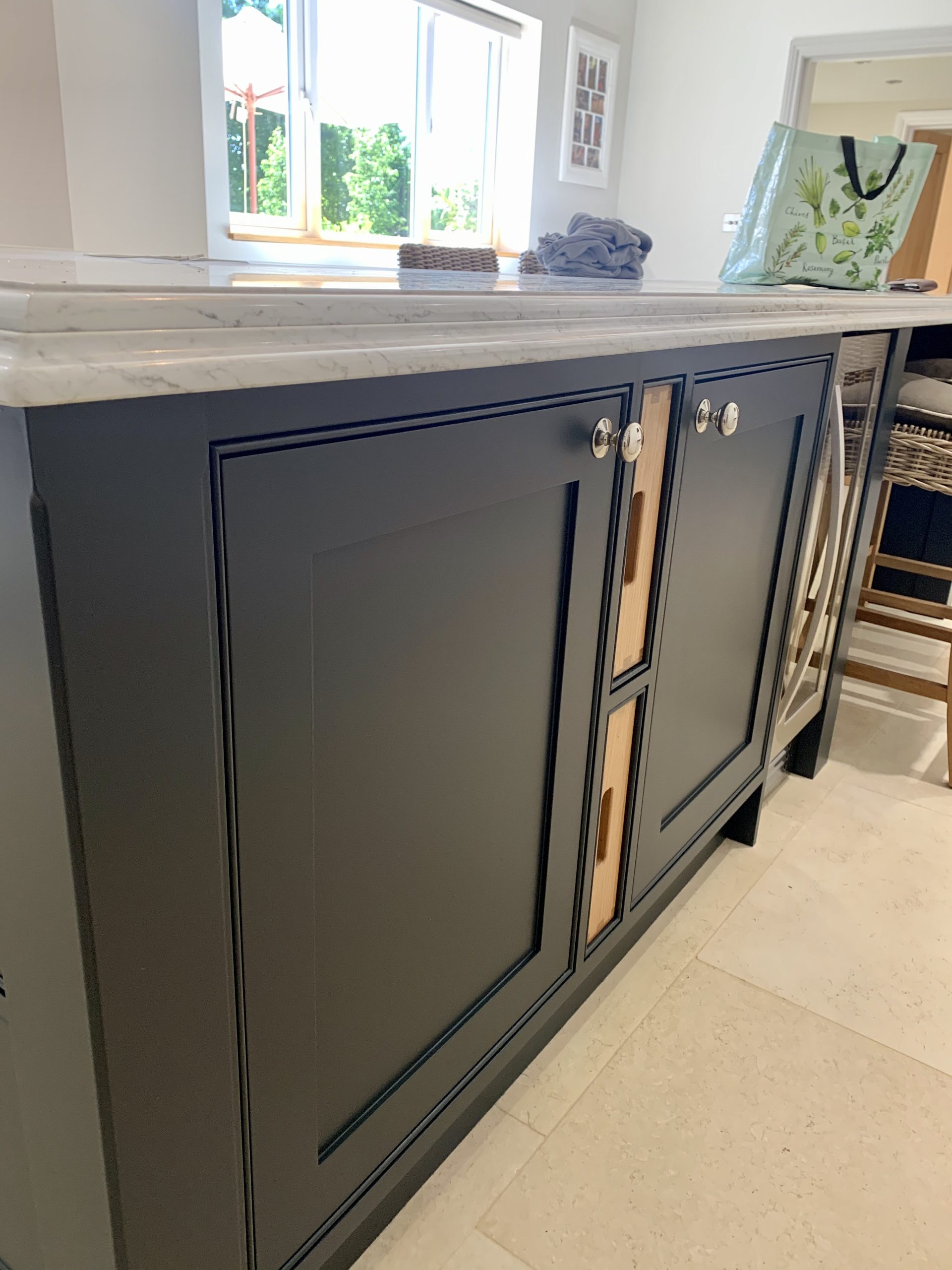Close-up of finished hand painted kitchen cabinetry