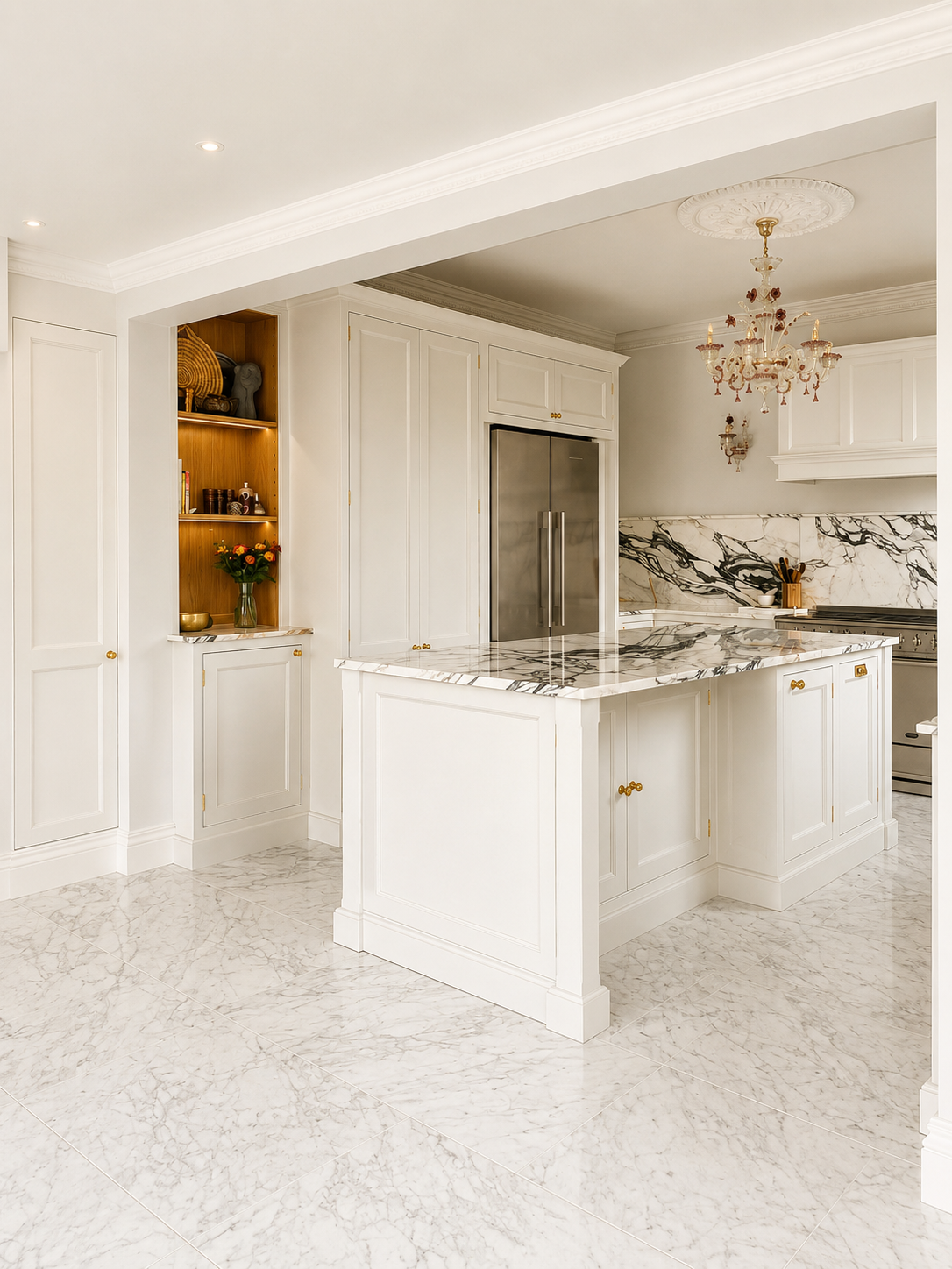 Hand-painted white shaker kitchen with a marble waterfall island, integrated appliances and bespoke fitted cabinets.