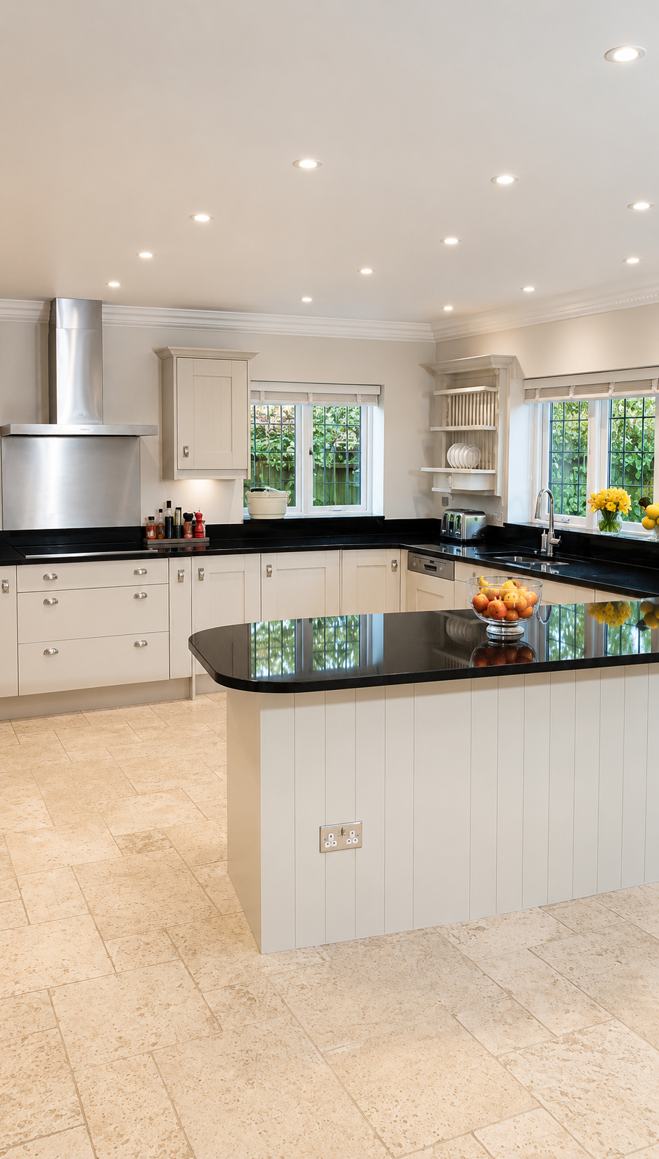 Hand-painted cream shaker kitchen with a central island, polished stone worktops and traditional fitted cabinets.