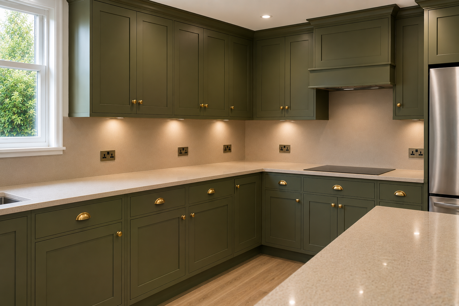 Hand-painted olive green shaker kitchen with quartz worktops, brass handles and integrated appliances.