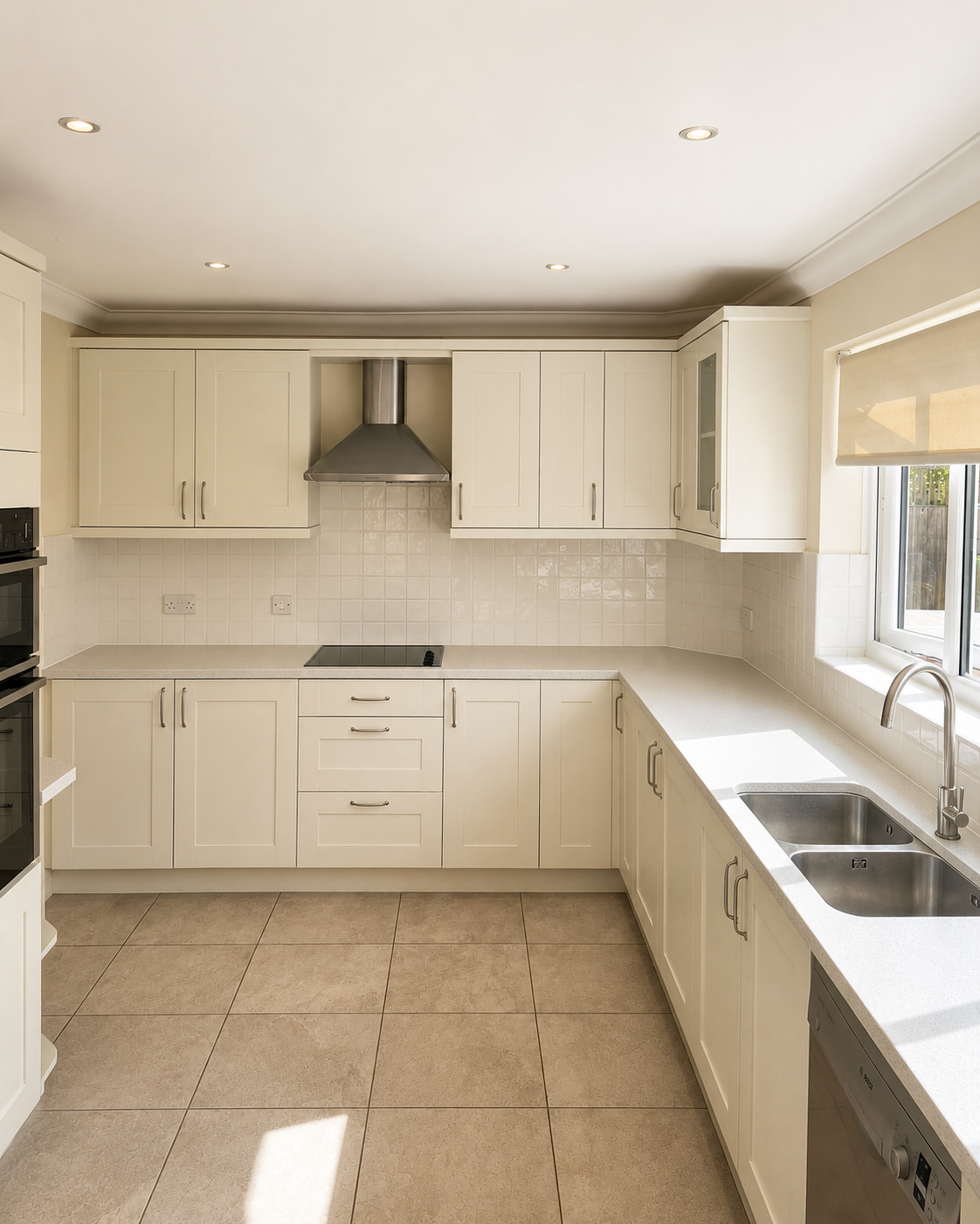 Hand-painted cream shaker kitchen with quartz worktops, integrated extractor hood and bespoke fitted cabinets.