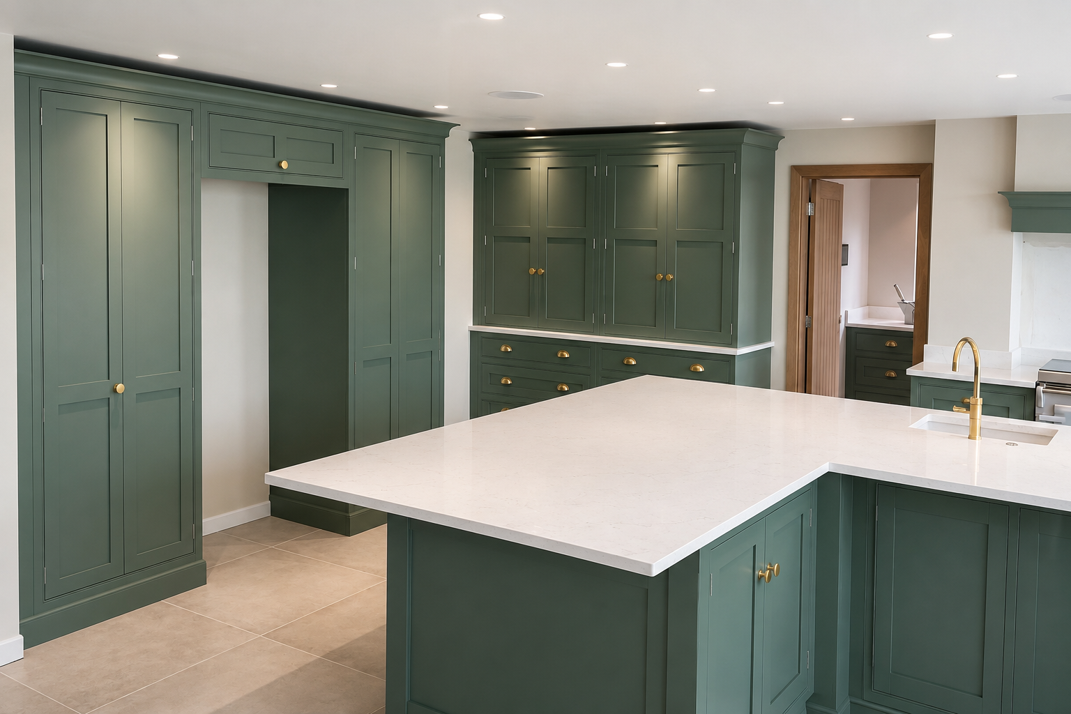 Hand-painted green shaker kitchen with a large white island, quartz worktops and bespoke fitted cabinetry.