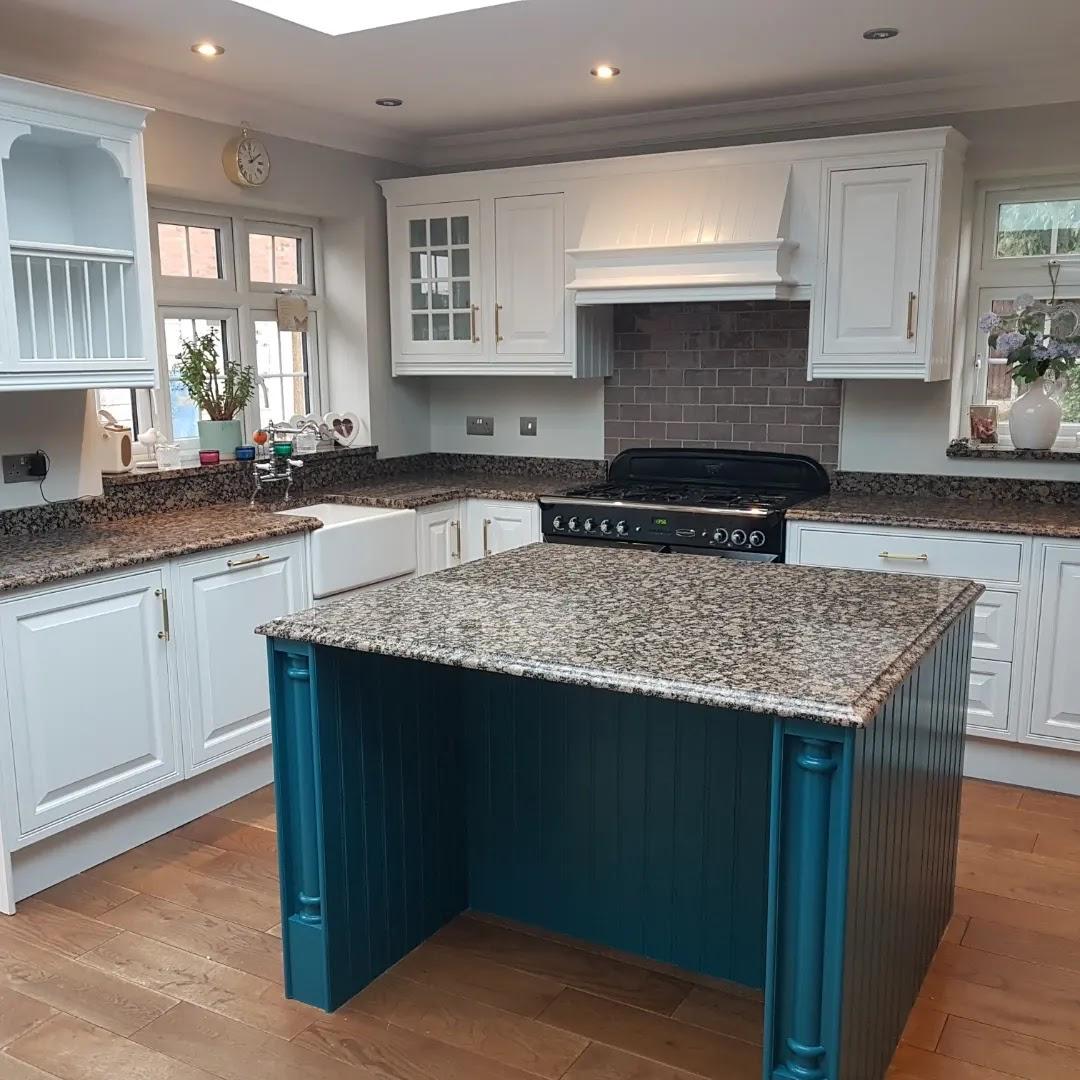 Light main cupboards dark island