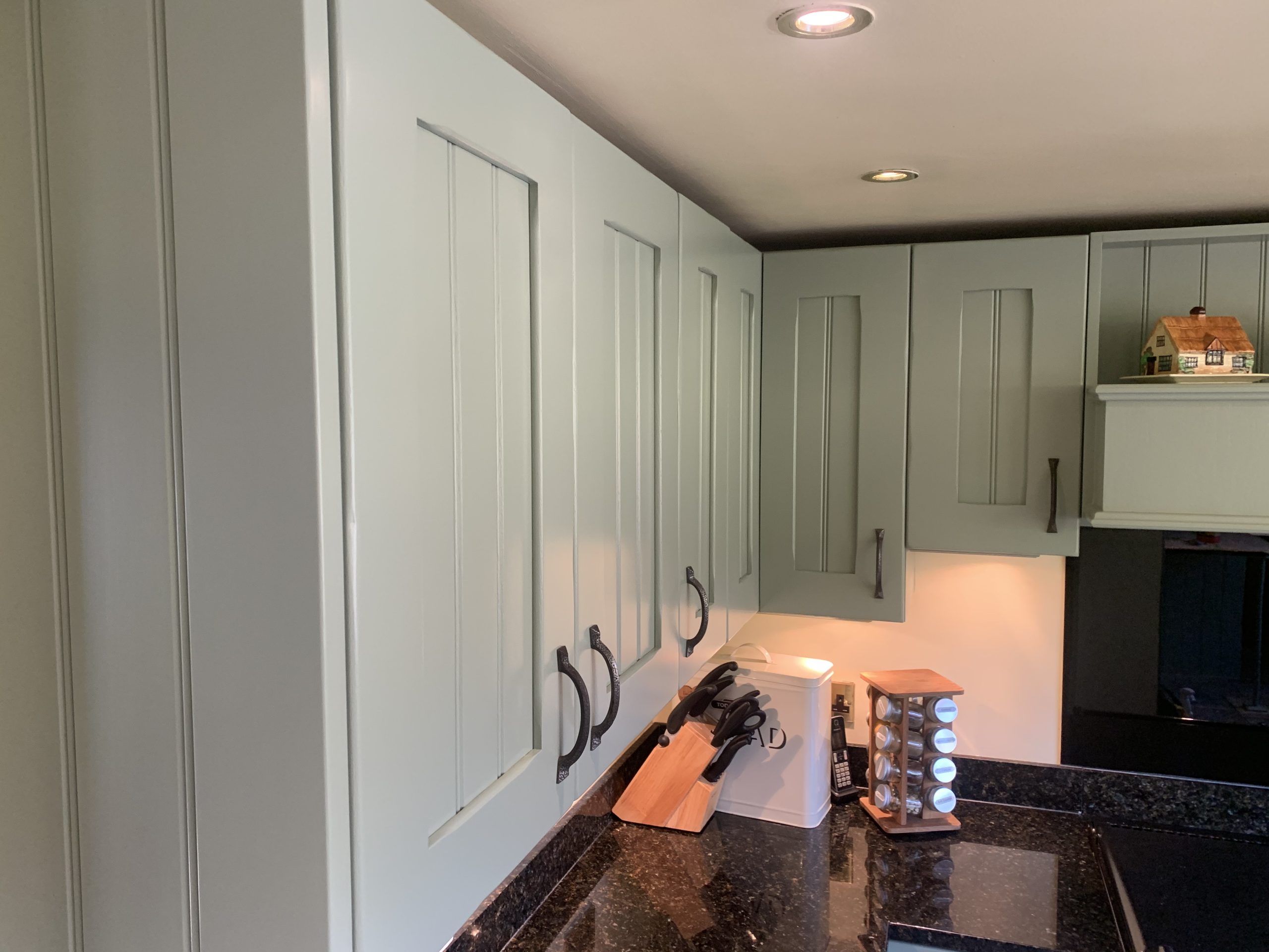 Close up of green kitchen